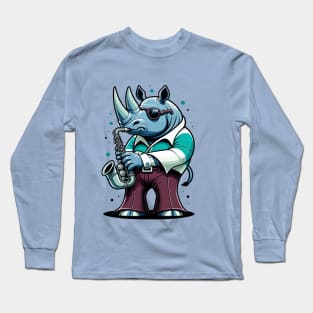 Groovy 70s Saxophone-blowing Rhino - Colorful Cartoon Vector Art Long Sleeve T-Shirt